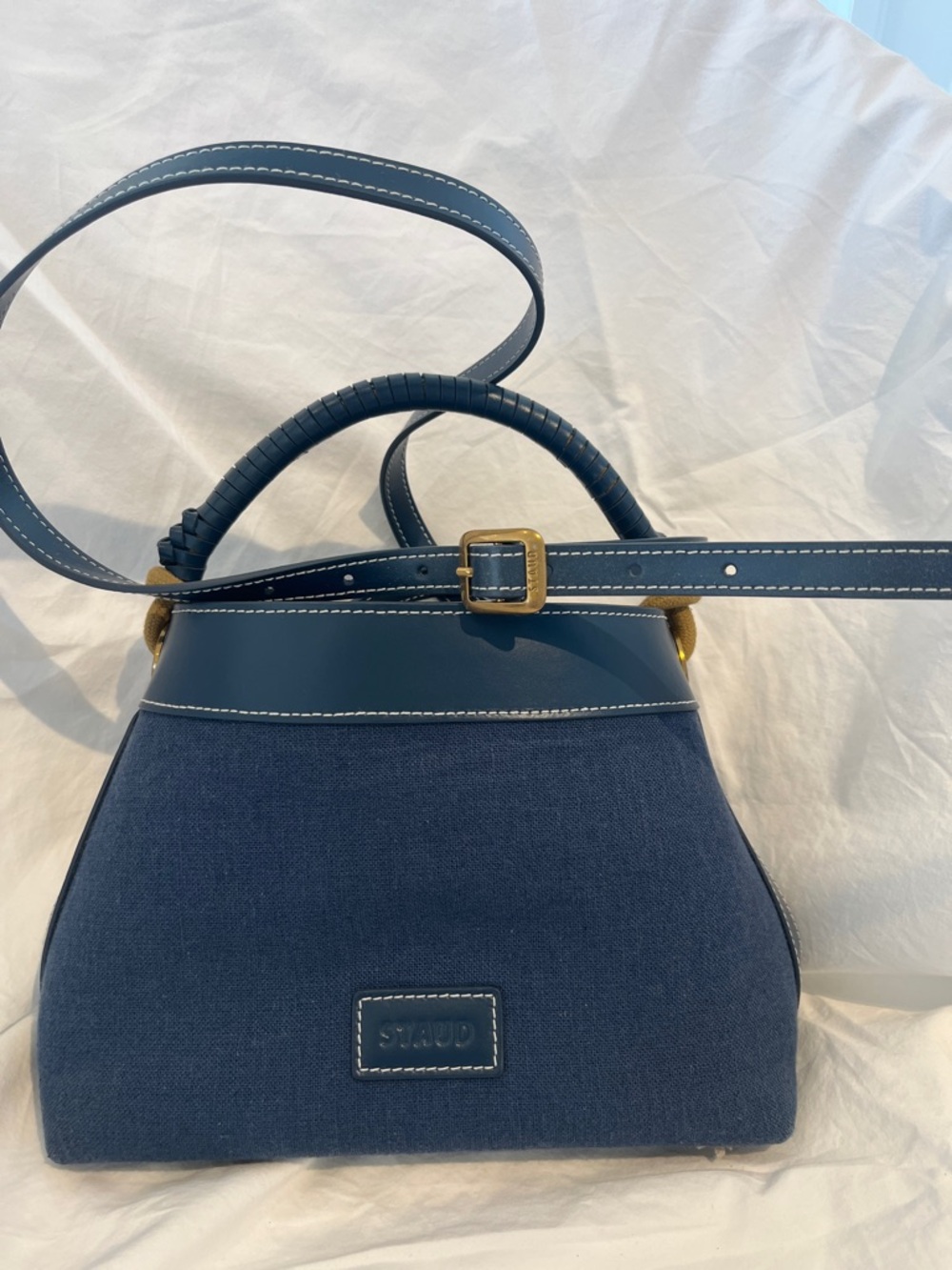 STAUD Navy Canvas Top-Handle Satchel with Tan Knot Details - Picture 2 of 2